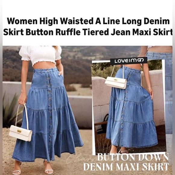 Elastic High Waisted A Line Long Denim Skirt Button Ruffle Tiered Jean pocket - Picture 2 of 4